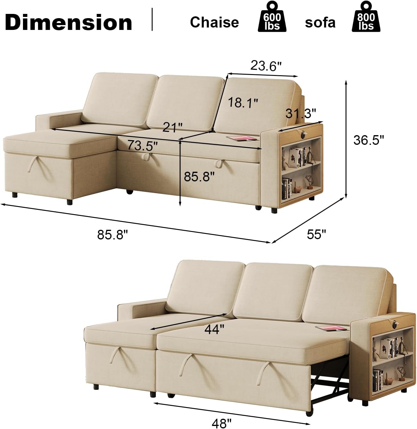3 in 1 Sleeper Couch with Convertible Storage