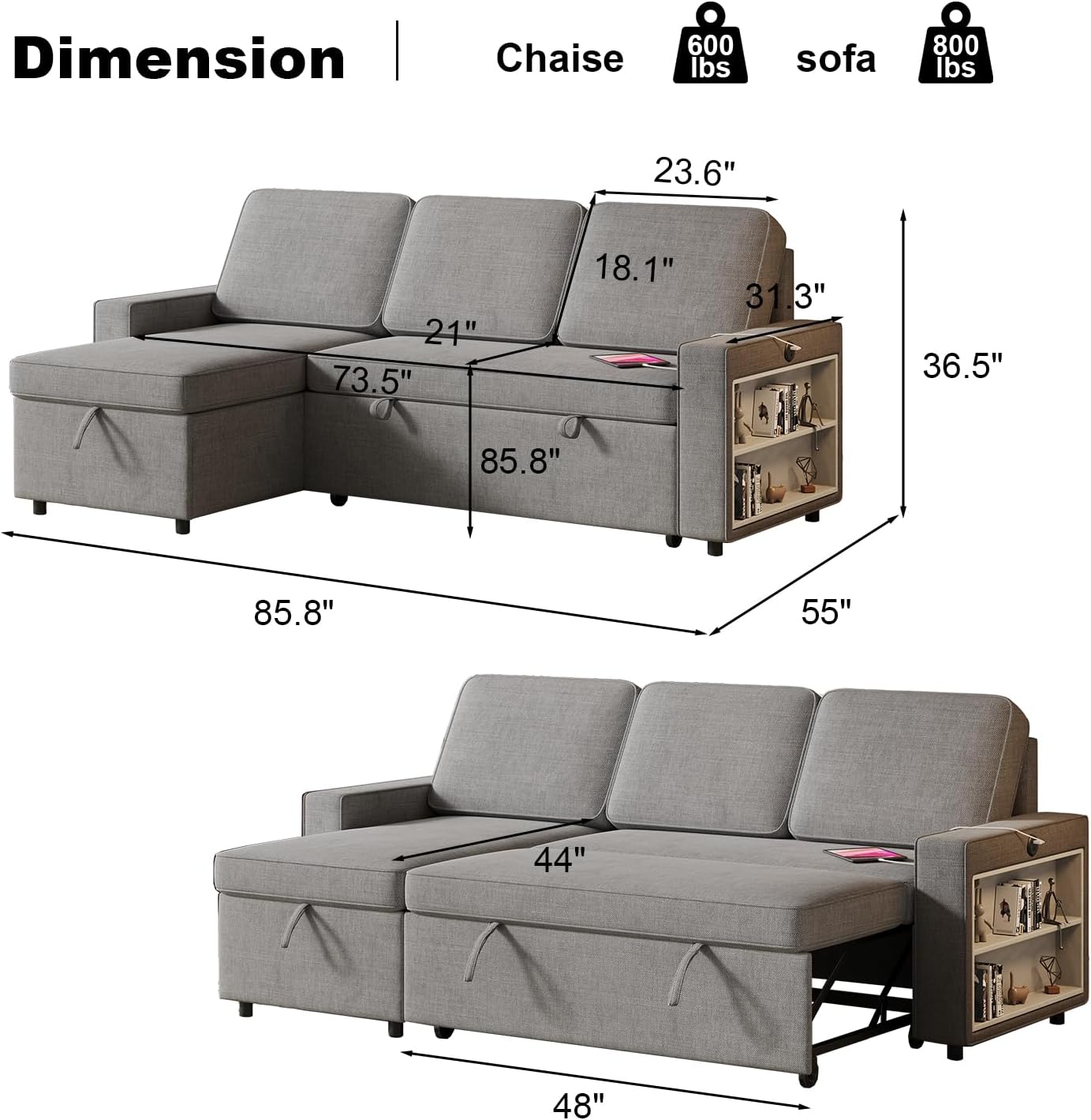 3 in 1 Sleeper Couch with Convertible Storage