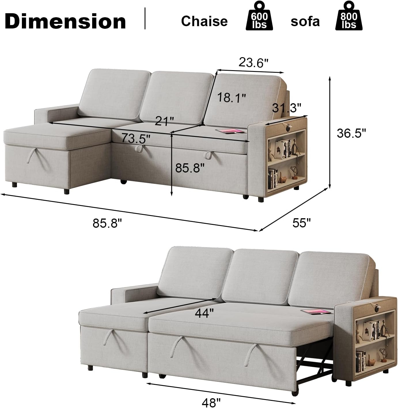 3 in 1 Sleeper Couch with Convertible Storage